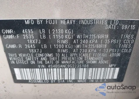 2016 Subaru Outback 2.5I Limited z USA, uszkodzony, nr VIN 4S4BSANC9G3235108